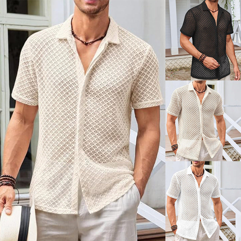 Summer Mesh Short Sleeve Shirt Solid Color