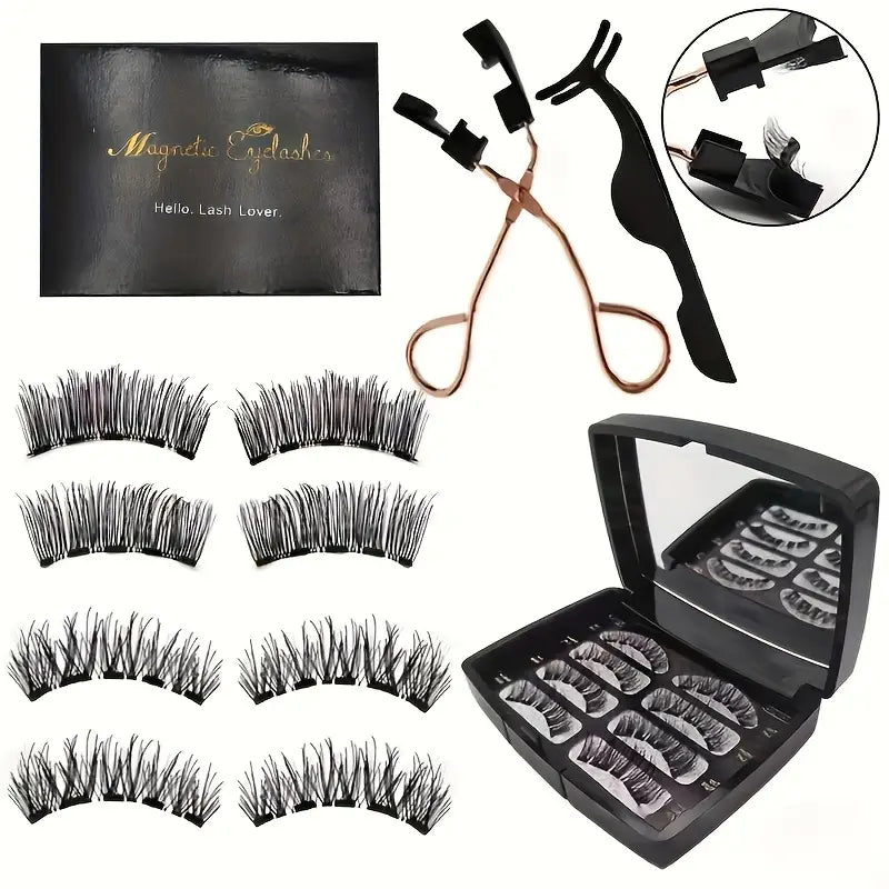 Magnetic Eyelash Set – 4 Pairs 3D Reusable False Lashes with Free Clip, No Glue Needed, Natural & Thick Look, 7X Magnetic Hold