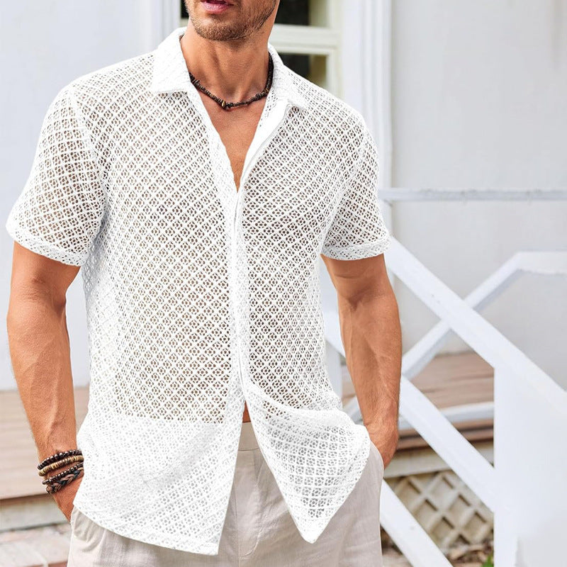 Summer Mesh Short Sleeve Shirt Solid Color