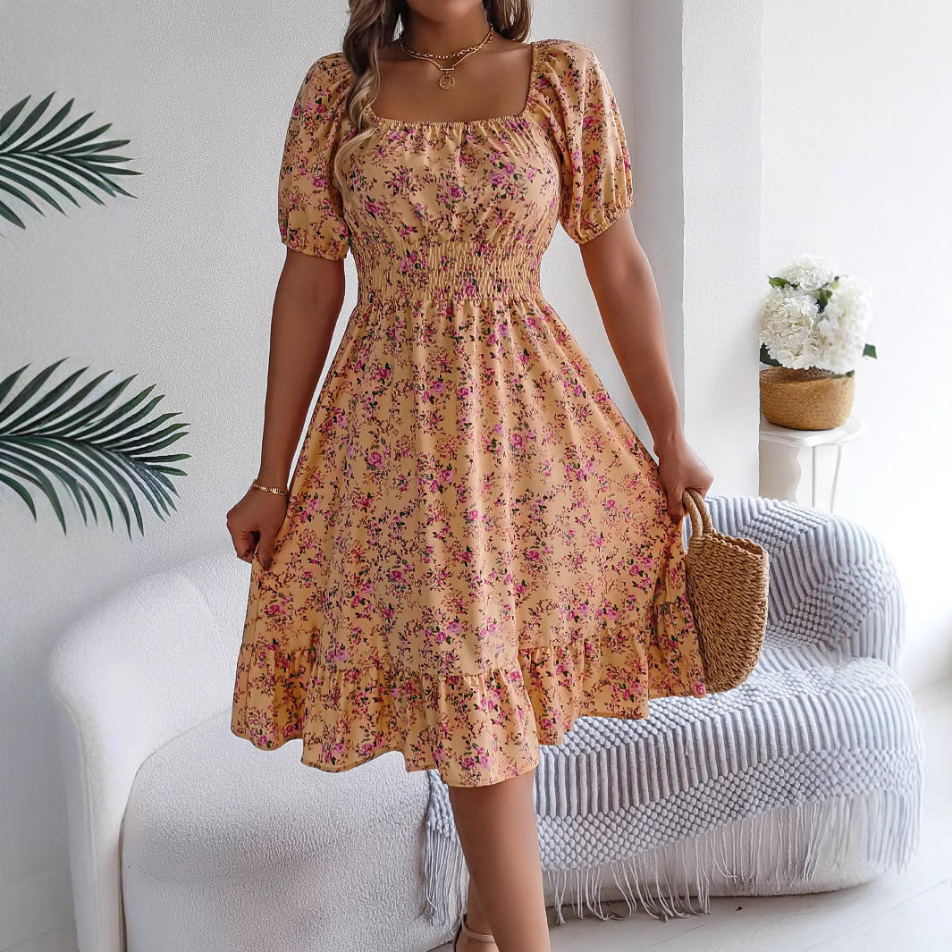 Floral Print Square Collar Dress Summer
